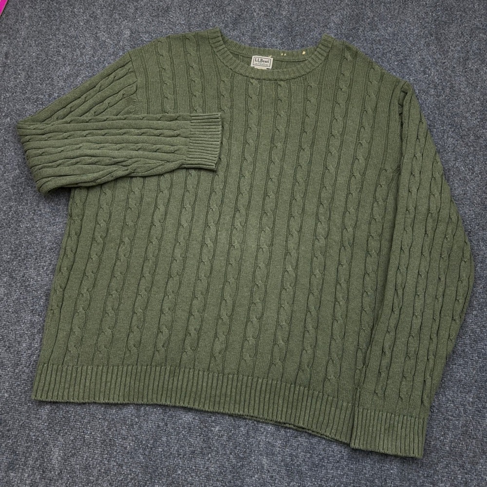 LL Bean Cable Knit Sweater Mens XXLT TALL Olive Green 100% Cotton Crew Neck